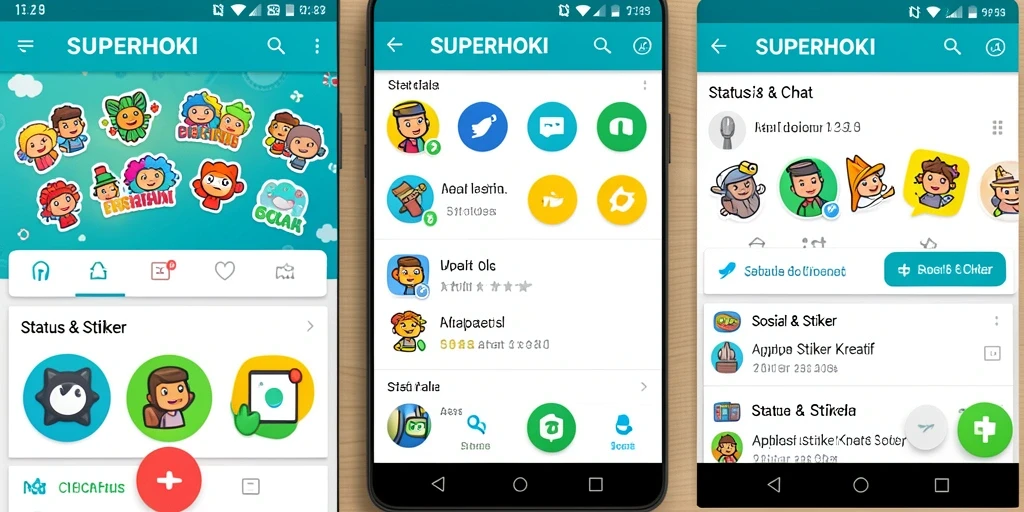 Antarmuka SUPERHOKI menampilkan beragam stiker lucu dan menarik.